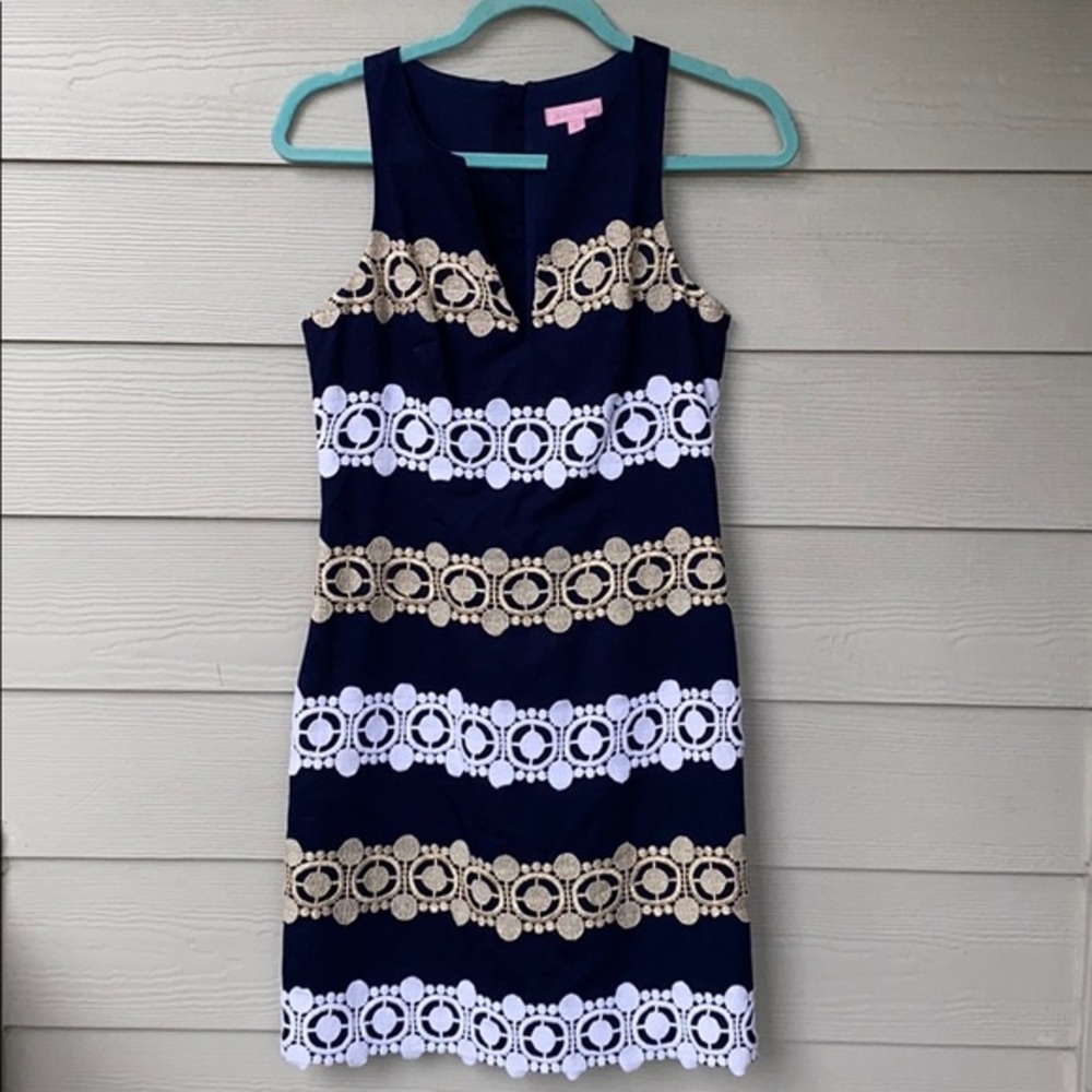 Lilly Pulitzer Navy & Gold Embroidered Lace Shift Dress Size 0 Excellent Cond. - Picture 8 of 16